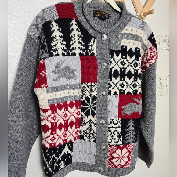 Eddie Bauer Vintage Knit Bunny Snowflake Christmas Sweater In Grey Unisex Size S
